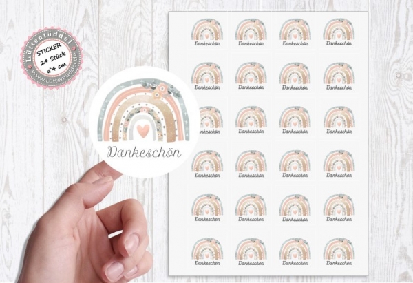 24 Stück zuckersüßer Regenbogen StickerAufkleber Dankeschön 4cm rund von Lüttentüddel® -